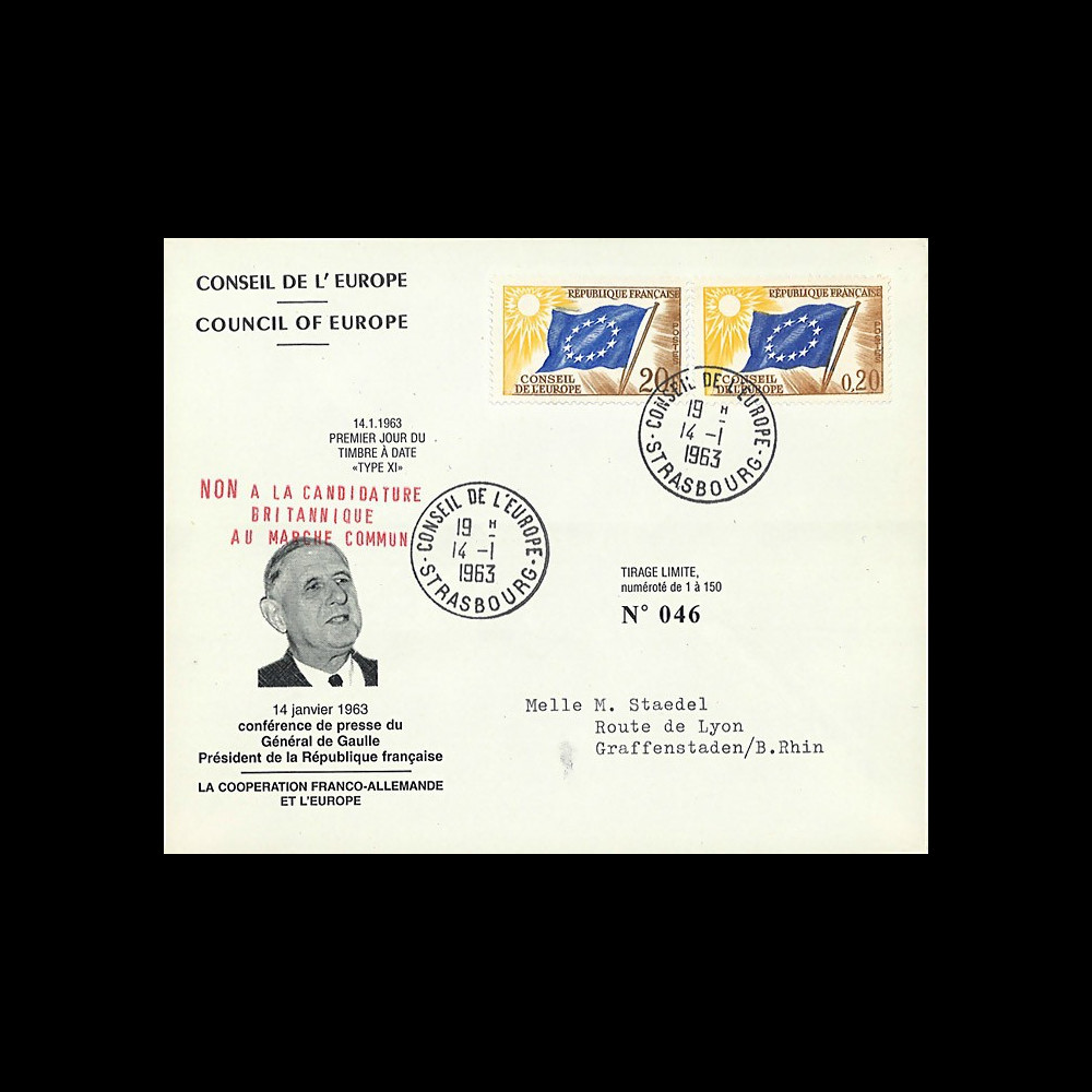 CE14-IIIa-T2 : 1963 Env CE "de Gaulle : NON à la candidature britannique au Marché Commun"