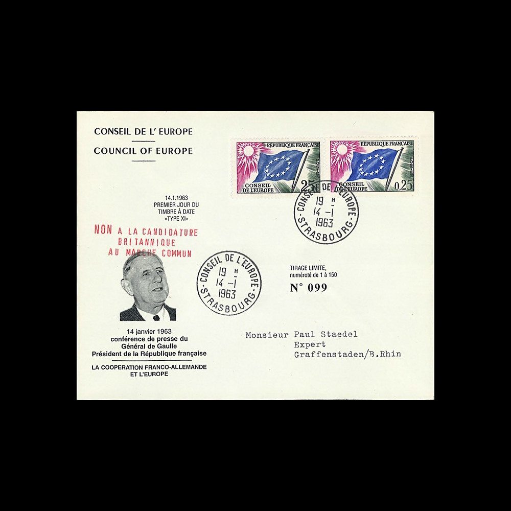 CE14-IIIa-T2 : 1963 Env CE "de Gaulle : NON à la candidature britannique au Marché Commun"