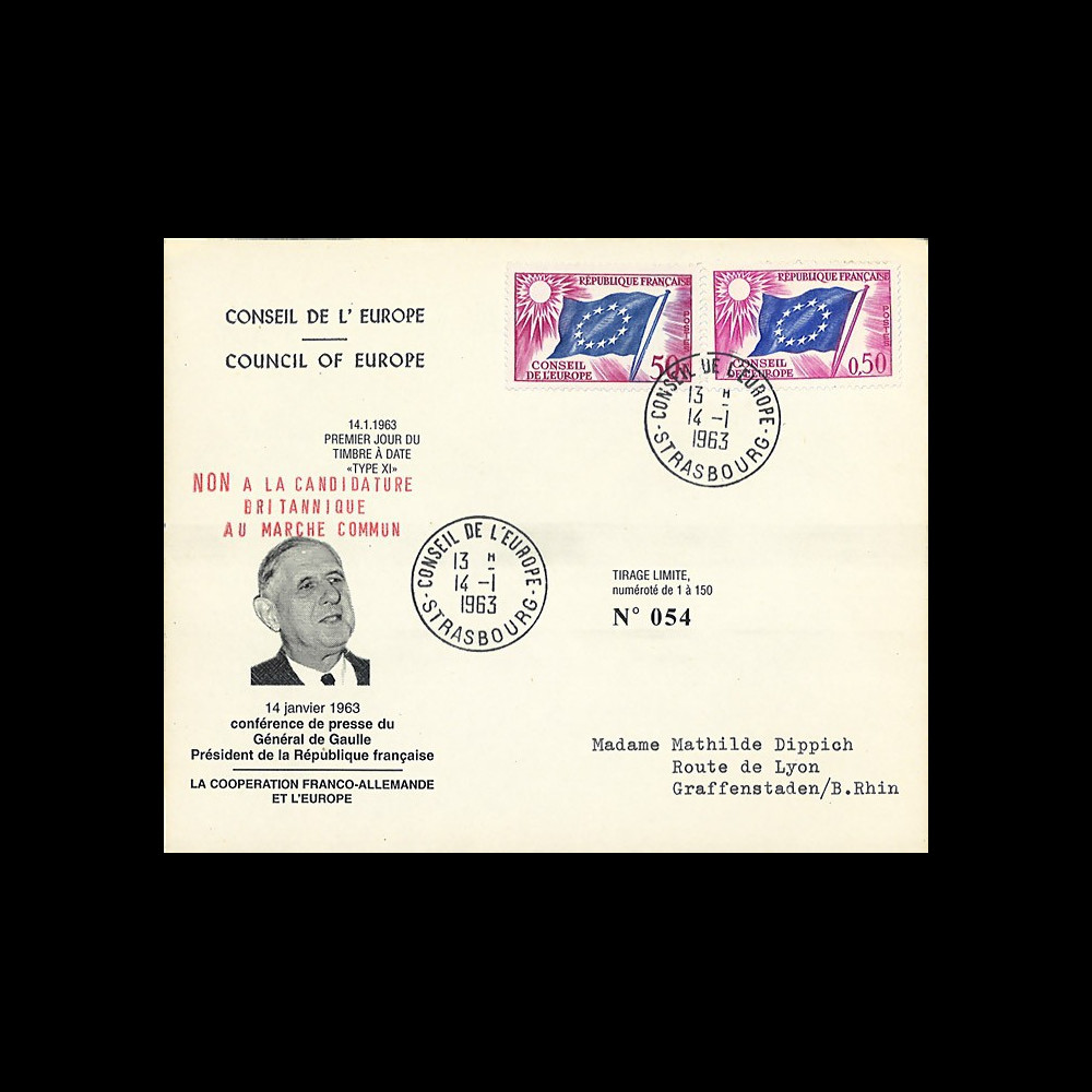 CE14-IIIa-T2 : 1963 Env CE "de Gaulle : NON à la candidature britannique au Marché Commun"