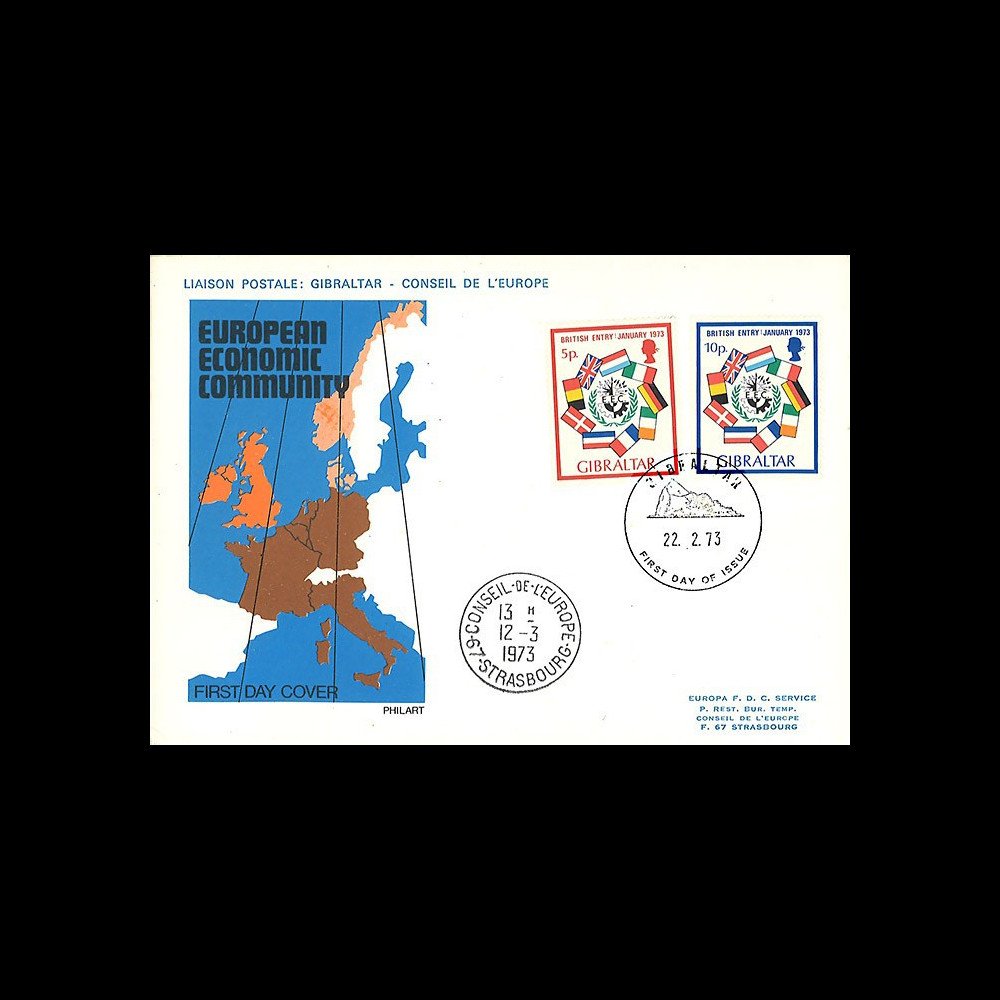 LE70 : 1973 - FDC 1er Jour Gibraltar (Royaume-Uni) "Adhésion à la CEE"
