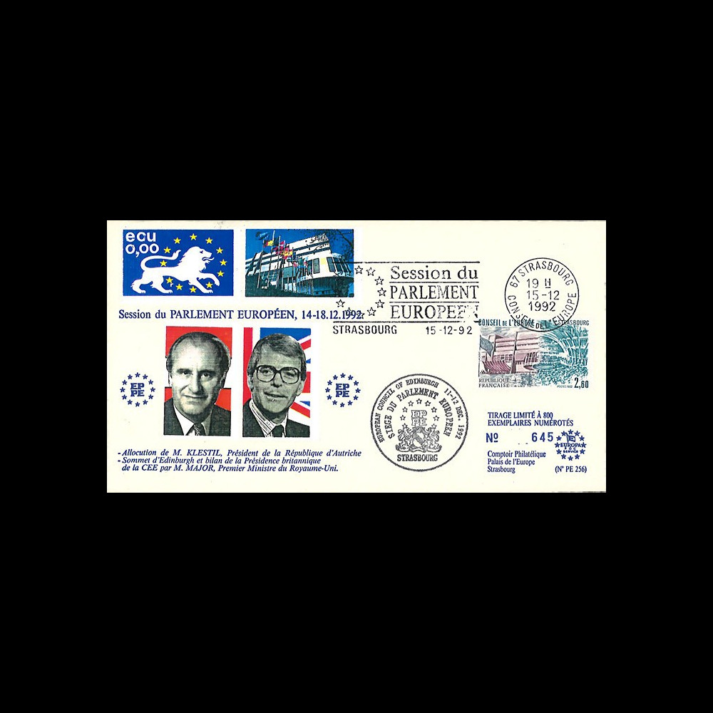 PE256 : 1992 - FDC PE 'Bilan Présidence britannique UE par John MAJOR / KLESTIL Autriche'