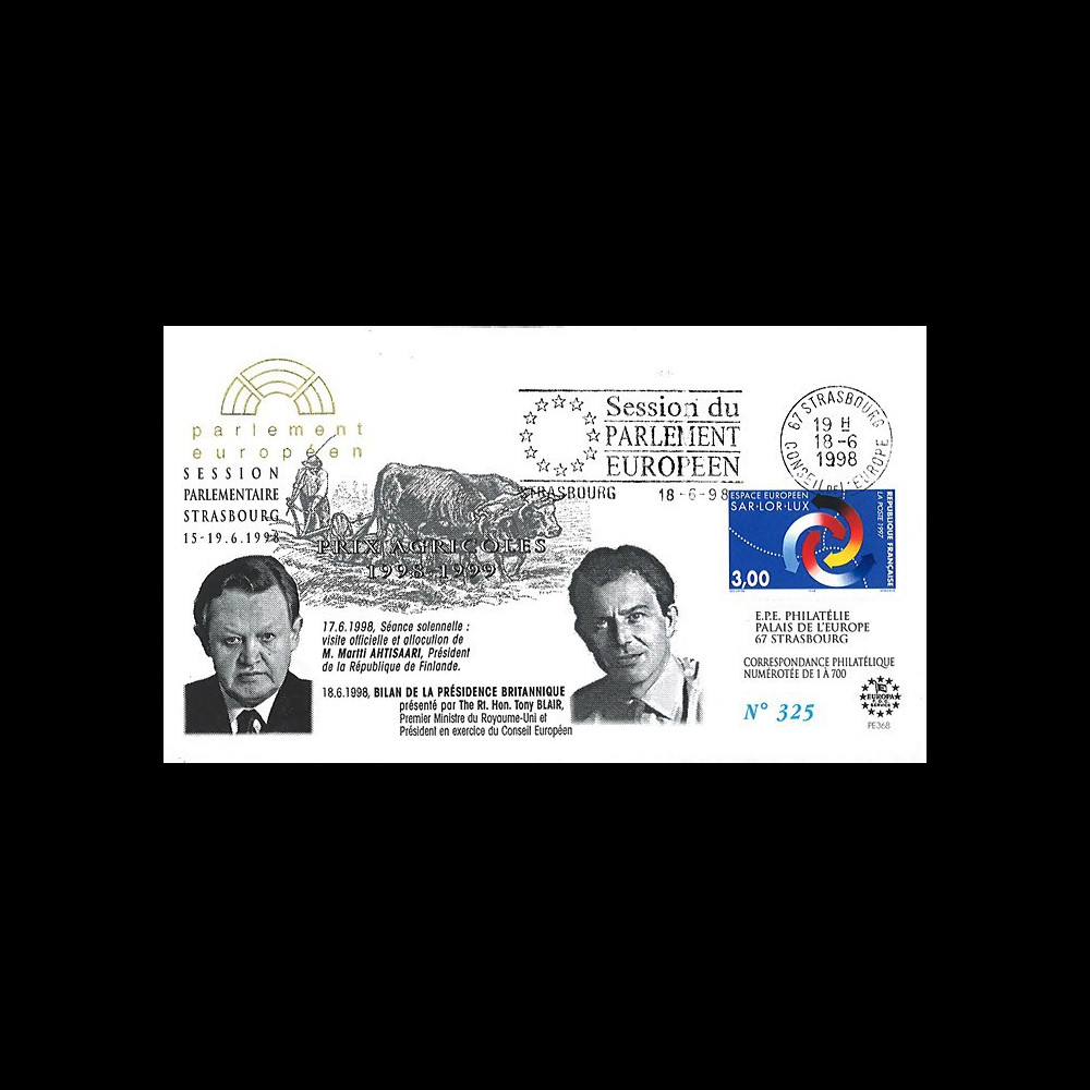 PE368 : 1998 - FDC PE 'Présidence britannique UE avec Tony BLAIR / AHTISAARI Pdt Finlande'
