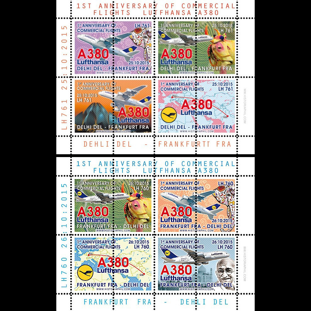A380-292BD : 2015 - Vignettes "Airbus A380 Lufthansa 1er vol Francfort - New Delhi (Inde)"