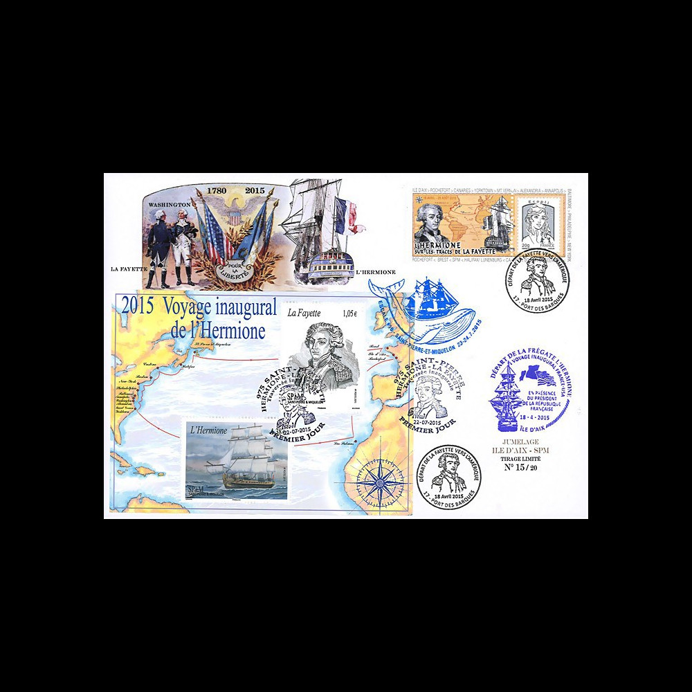 HLF15-19T2 : 2015 Maxi FDC FRANCE-SPM "Départ Ile d'Aix - Escale n°16 SPM - L'HERMIONE"