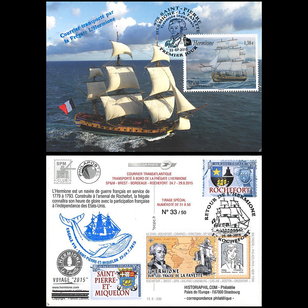HLF15-20B : 2015 - Carte Maxi SPM-FRANCE à bord "Escale 16 Saint-Pierre - L'HERMIONE"