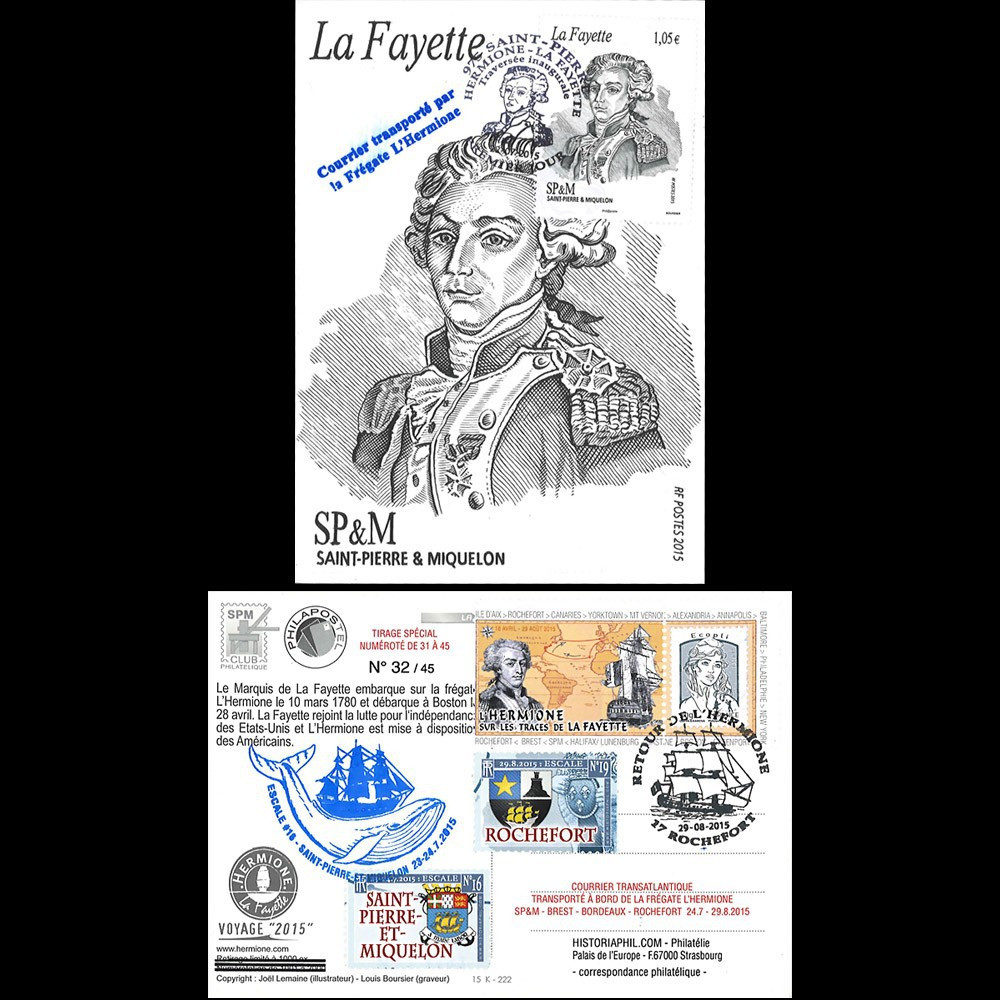 HLF15-20C : 2015 - Carte Maxi SPM-FRANCE à bord "Escale 16 Saint-Pierre - L'HERMIONE"