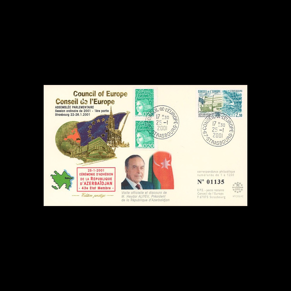 CE52-IC : 2001 FDC "Adhésion Azerbaïdjan au Conseil de l'Europe - Président ALIYEV"