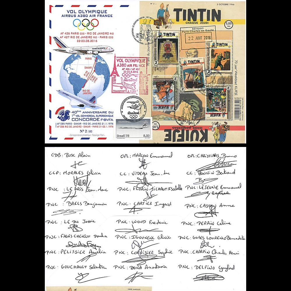 A380-300D : 2016 FFC "TINTIN - Vol JO A380 AF Paris-Rio" signé des 24 membres d’équipage A380-300D : 2016 FFC "TINTIN - Vol JO A380 AF Paris-Rio" signé des 24 membres d’équipage