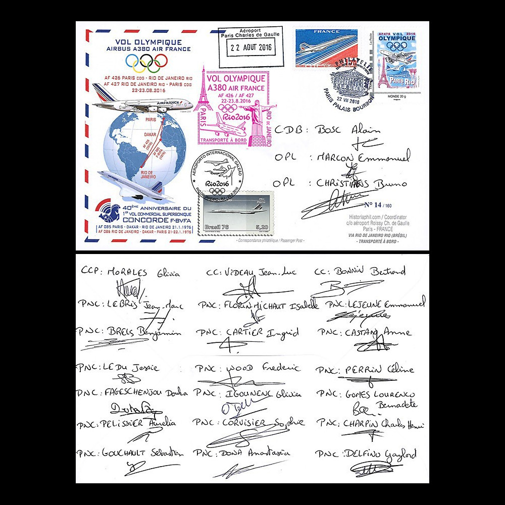 A380-299D : 2016 FFC "A380 AF Vol Olympique Paris-Rio" signé des 24 membres d’équipage