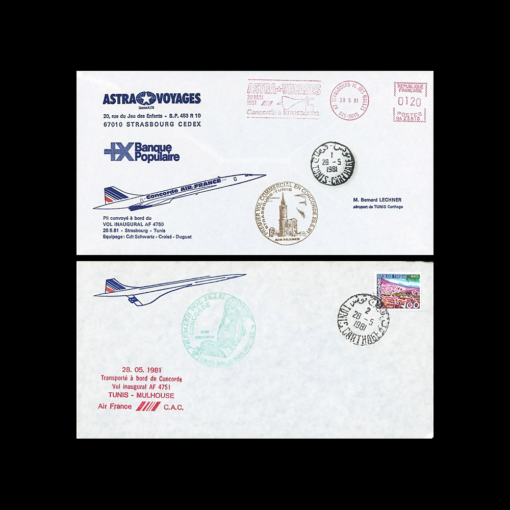 AF4750/51 : 28.05.1981 - 2 FFC voyagées “1er vol Concorde AF Strasbourg-Tunis (Tunisie)“