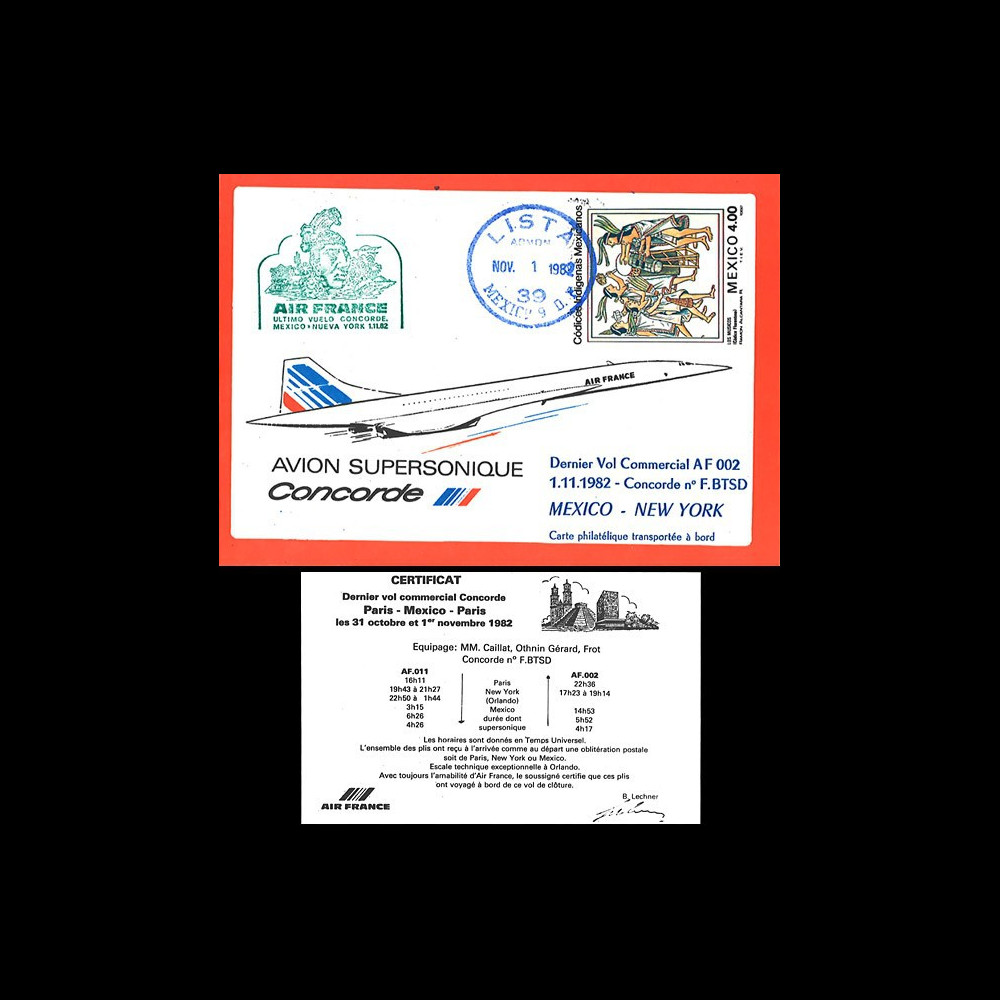 AF002 : 1.11.1982 - CARTE voyagée “Dernier vol Concorde AF002 Mexico-New York“
