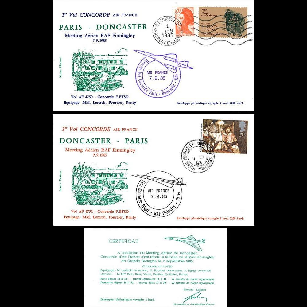 AF4750/51 : 7.09.1985 - 2 FFC voyagées “1er vol Concorde AF Paris-Doncaster (UK)“