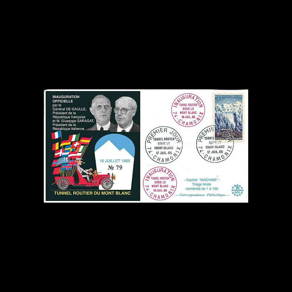 FE12a-T1 : 1965 FRANCE FDC "Inauguration tunnel du Mont-Blanc / DE GAULLE - SARAGAT"