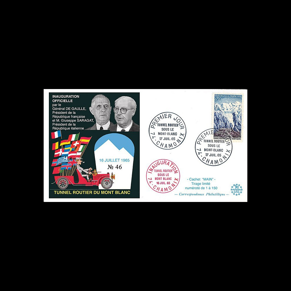 FE12a-T2 : 1965 FRANCE FDC "Inauguration tunnel du Mont-Blanc / DE GAULLE - SARAGAT"