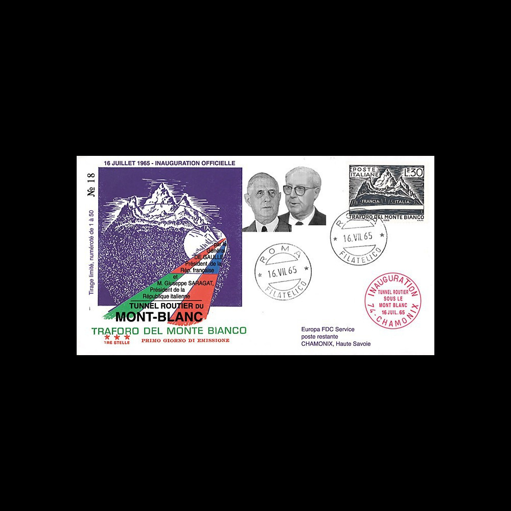 FE12ba-T4 : 1965 ITALIE FDC "Inauguration tunnel du Mont-Blanc / DE GAULLE - SARAGAT"