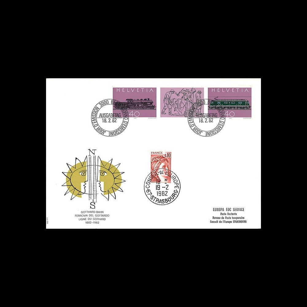 SUI-18L : 1982 SUISSE FDC "Centenaire de la ligne et du 1er tunnel ferroviaire du Gothard"