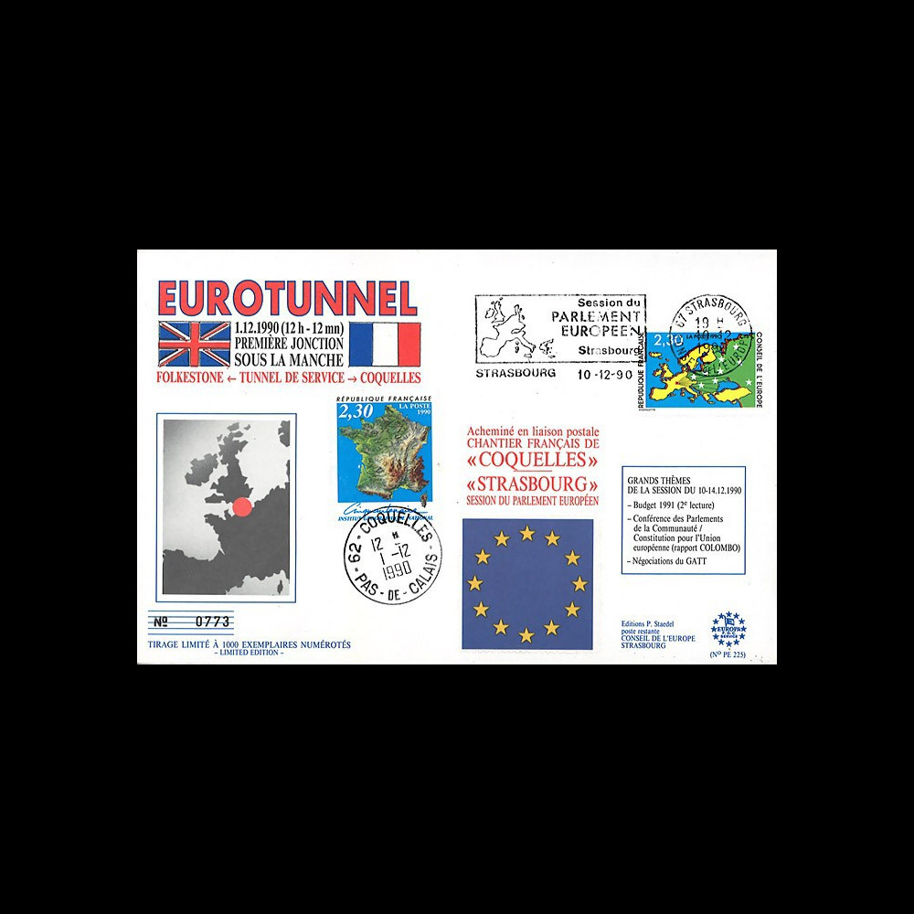 PE225 : 1990 - FDC Parlement européen "EUROTUNNEL - 1ère jonction sous  la Manche“