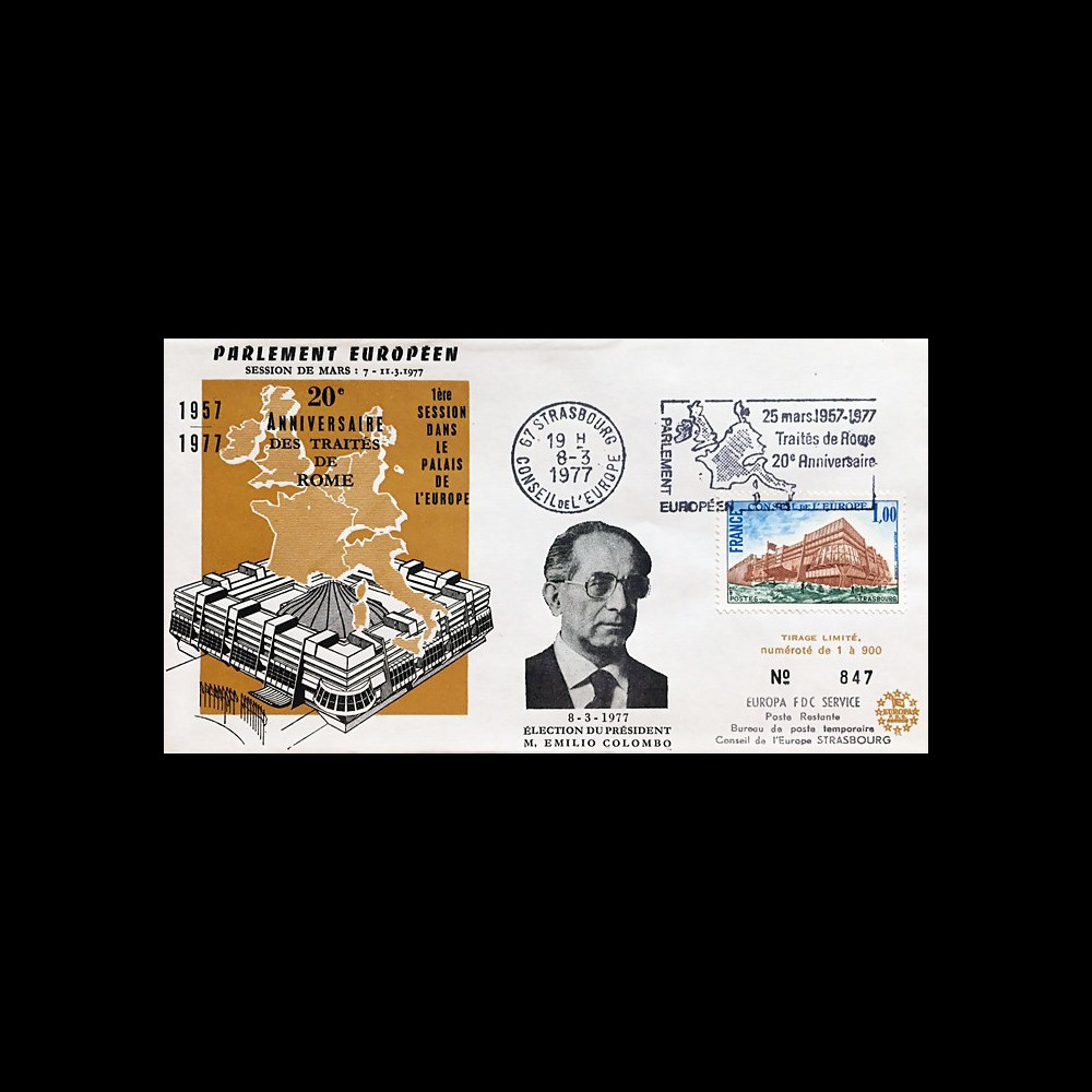 AP135 : 1977 - FDC PE "Election du Président du Parlement européen M. Emilio COLOMBO"