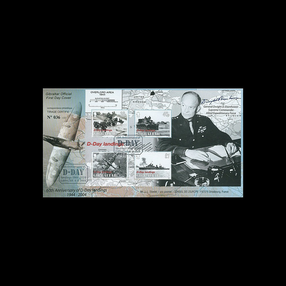 DEB04-GIB2 : 2004 FDC Gibraltar '60 ans Débarquement 1944' Eisenhower & de Gaulle