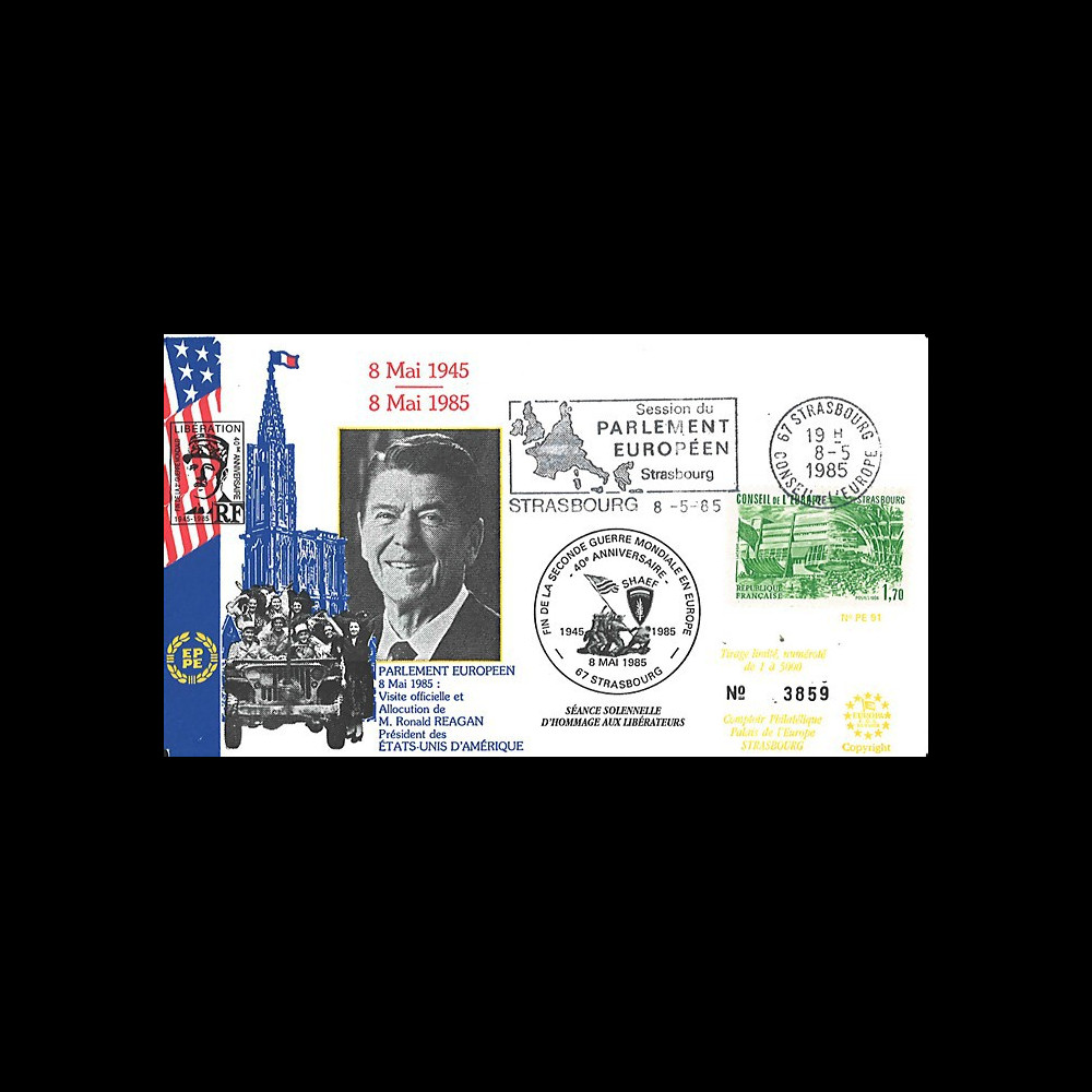 PE91 FDC PE 'Fin 2e Guerre Mondiale en Europe 1945 / Visite du Président Reagan' 1985