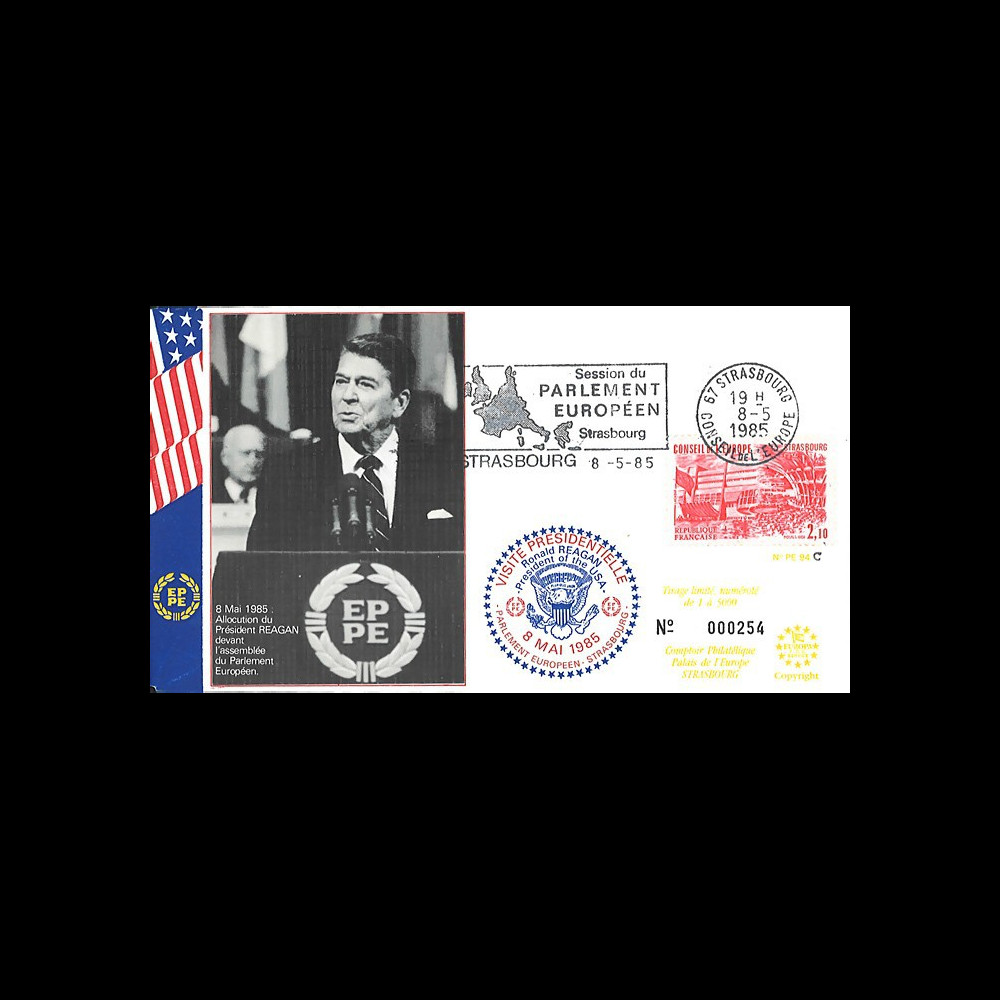 PE94c FDC 'Fin 2e Guerre Mondiale en Europe 1945 / Reagan devant les Eurodéputés' 1985