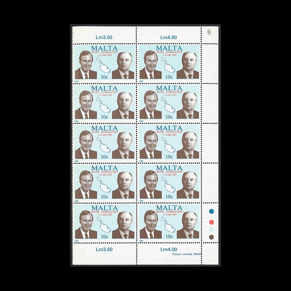 PE203AF Malte bord de feuille 10 TP 'Sommet Bush - Gorbatchev / Fin Guerre Froide' 1989 PE203AF Malte bord de feuille 10 TP 'Sommet Bush - Gorbatchev / Fin Guerre Froide' 1989