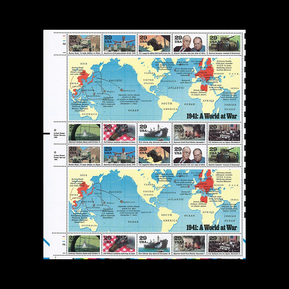 US91-41F : USA 1991 Feuille 20 timbres '1941 Un Monde en Guerre / Roosevelt & Churchill'