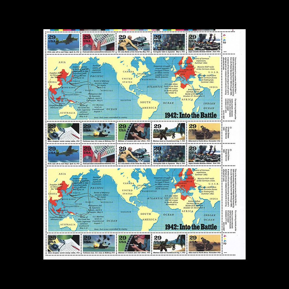 US92-42F : USA 1992 Feuille 20 timbres '1942 dans la Bataille / Into the Battle'