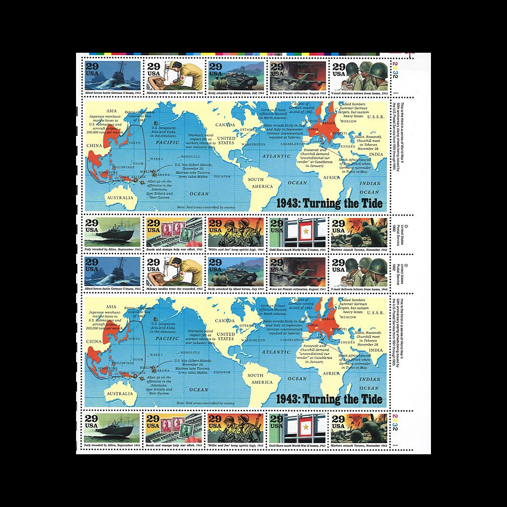 US93-43F : USA 1993 Feuille 20 timbres '1943 Tournant d'une époque / Turning the Tide'