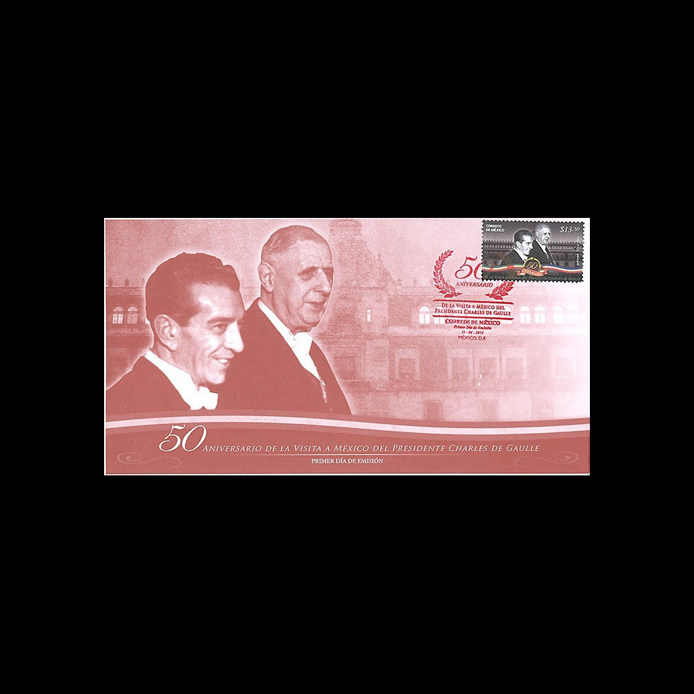 DG14-MEX : 2014 FDC Mexique '50 ans visite d'état au Mexique / de Gaulle & Lopez Mateos'
