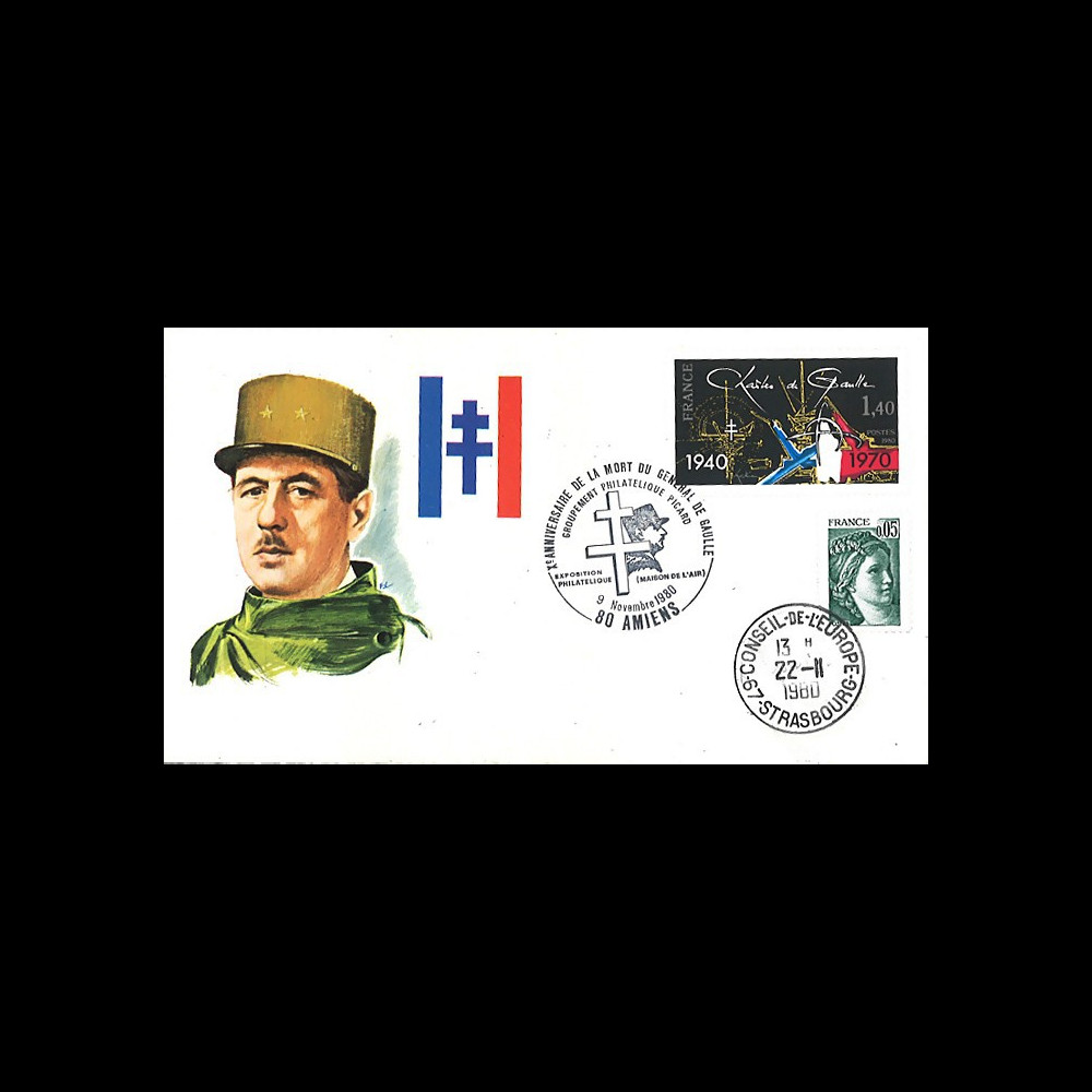 DG80AM : FDC Amiens '10e anniversaire mort du général de Gaulle / Exposition' 1980 DG80AM : FDC Amiens '10e anniversaire mort du général de Gaulle / Exposition' 1980