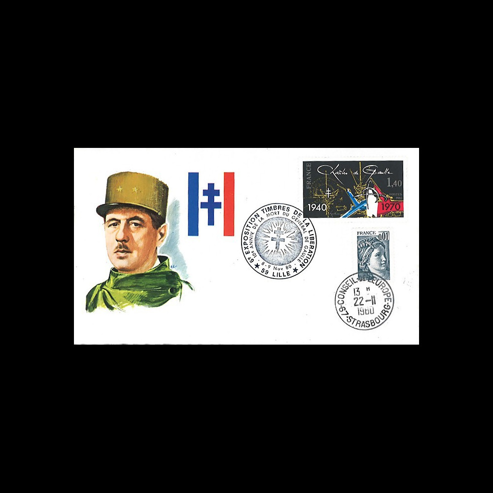 DG80LI : FDC Lille '10e anniversaire mort Gal de Gaulle / Timbres de la libération' 1980