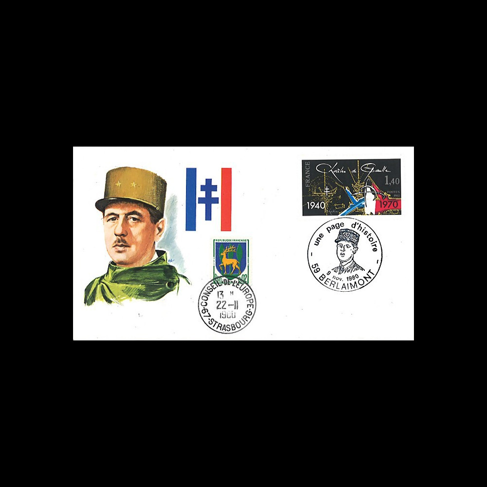 DG80BE : FDC Berlaimont '10e anniversaire mort Gal de Gaulle / Une page d'histoire' 1980