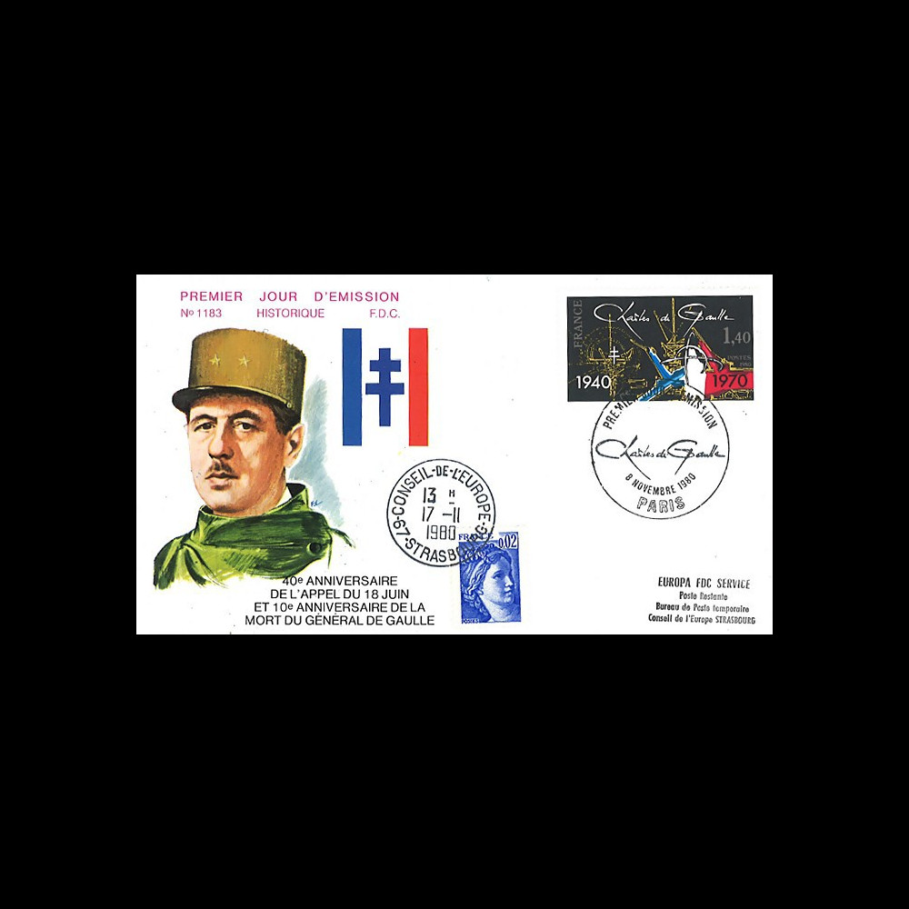 DG80PA : FDC 1er Jour Paris '10e anniversaire mort du Gal de Gaulle' 09.11.1970-1980