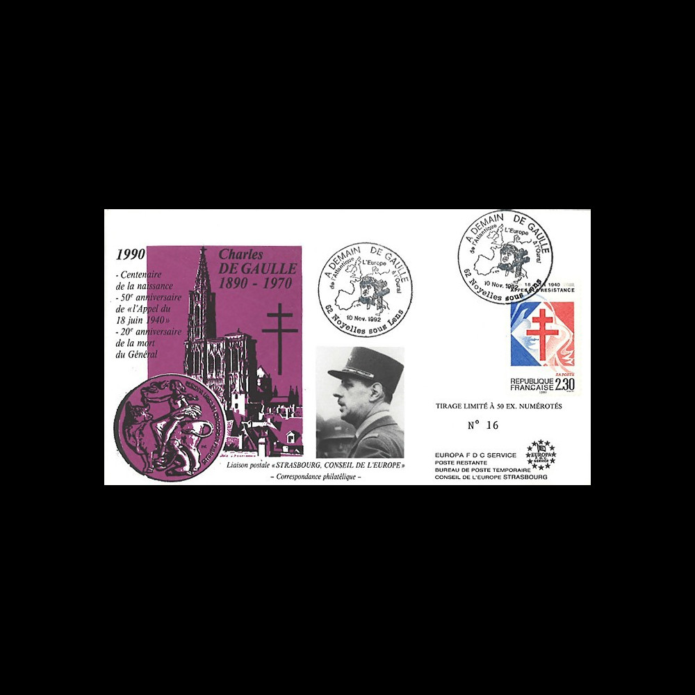 DG92NO : FDC Noyelles s/ Lens 'A demain de Gaulle / de l'Atlantique à l'Oural' 1992