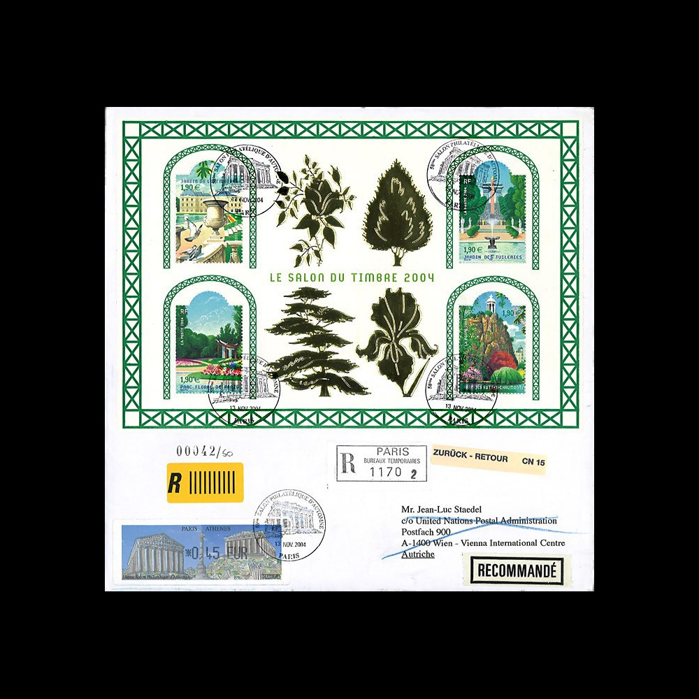 ST04-BFR : Pli RECOMMANDÉ Paris 'Salon du Timbre 2004 Jardins et Parcs fleuris / bloc OR'