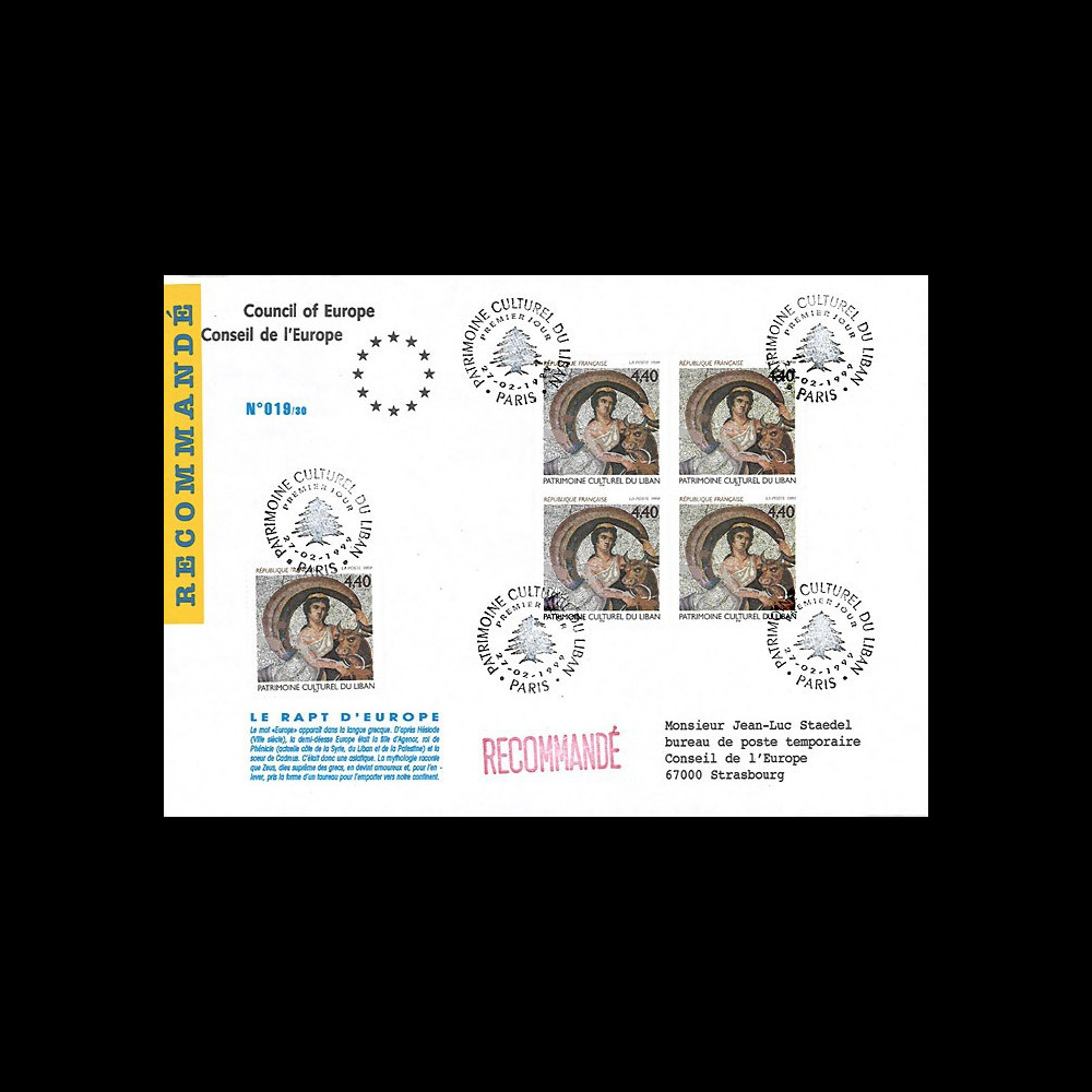FR99-LIBAN FDC Conseil de l'Europe 'Patrimoine culturel France-Liban 1999 Rapt d’Europe' FR99-LIBAN FDC Conseil de l'Europe 'Patrimoine culturel France-Liban 1999 Rapt d’Europe'