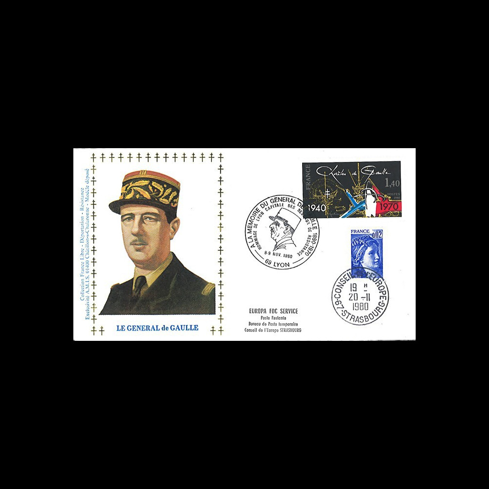 DG80LY : FDC Lyon 'Mémoire du Gal de Gaulle / Lyon capitale réseaux de résistance' 1980