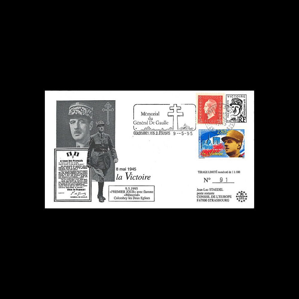 DG95CO1 : 1995 FDC 1er Jour Colombey-les-2-Eglises 'DE GAULLE / 8 mai 45 la Victoire'