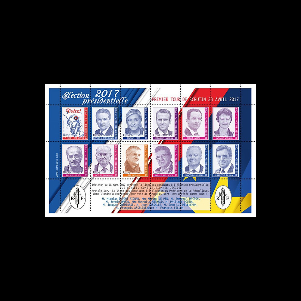 PRES17-2FD : Feuillet 12 vignettes "France Présidentielle 2017 - 1er tour / 11 candidats"
