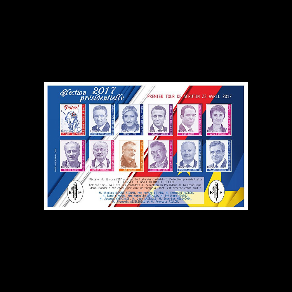 PRES17-2FND : Feuillet 12 vignettes "France Présidentielle 2017 - 1er tour / 11 candidats"