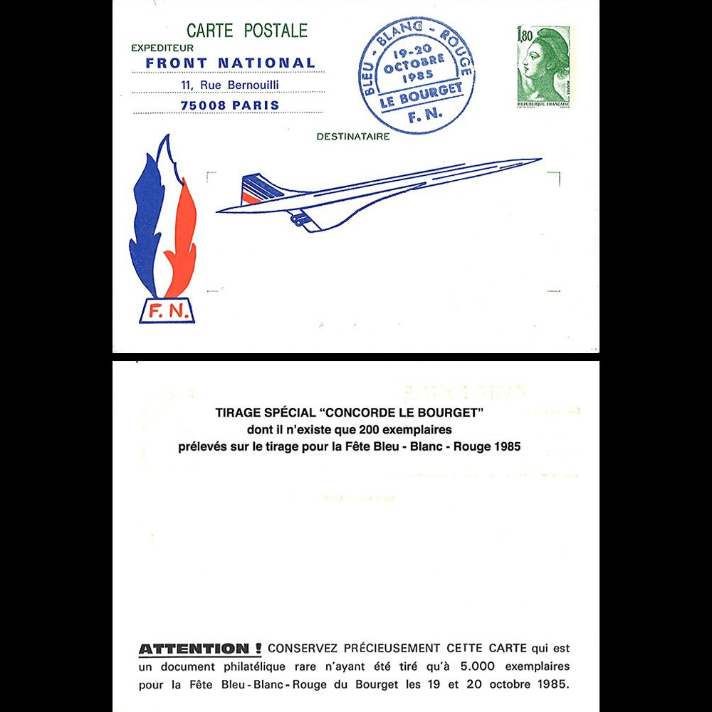 CO85-FN France Carte Front National / Fête Bleu Blanc Rouge du Bourget / Concorde 1985