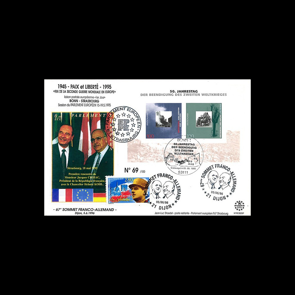 PE302SP-T1 : FDC Allemagne-France " 50 ans libération des camps / Chirac - Kohl " 1995 PE302SP-T1 : FDC Allemagne-France " 50 ans libération des camps / Chirac - Kohl " 1995