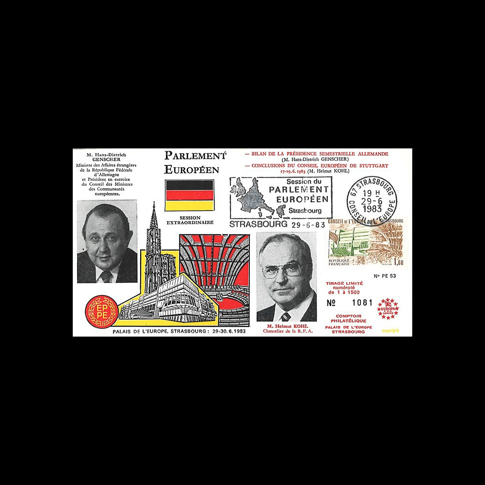 PE53 FDC PE "Bilan Présidence allemande CEE / MM. Kohl et Genscher" 06-1983