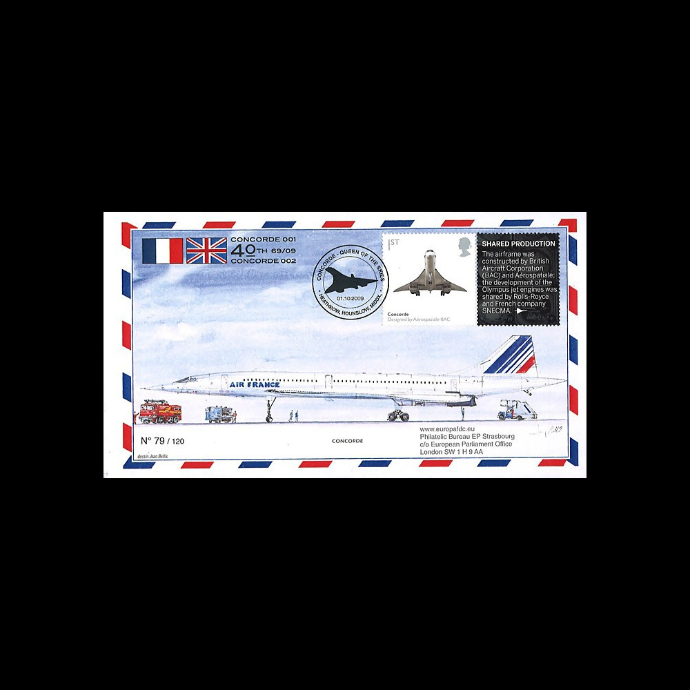 CO-RET47T1 : 2009 - FDC Royaume-Uni "40 ans 1er vol Concorde British Airways 001"