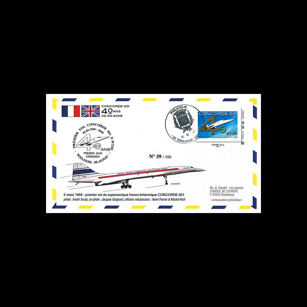 CO-RET41T2 : 2009 FDC France "40 ans 1er vol Concorde 001" TPP Monde 20g