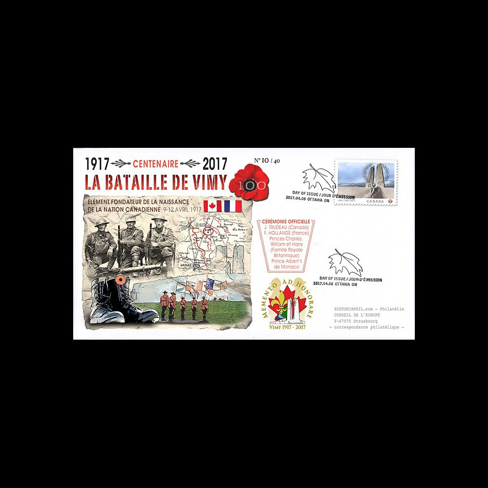 CENT17-1T1 FDC CANADA "1917-2017 Centenaire Bataille de la crête de Vimy / Arras"
