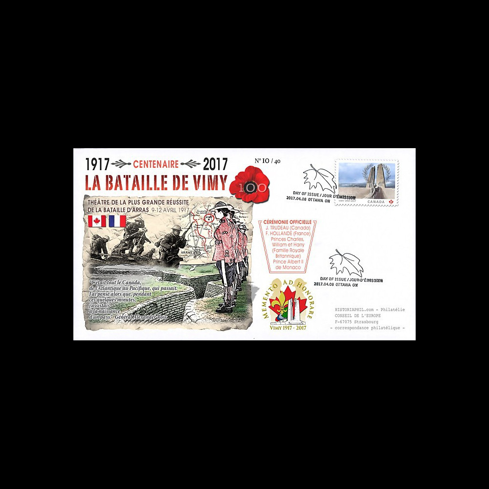 CENT17-1T2 FDC CANADA "1917-2017 Centenaire Bataille de la crête de Vimy / Arras"