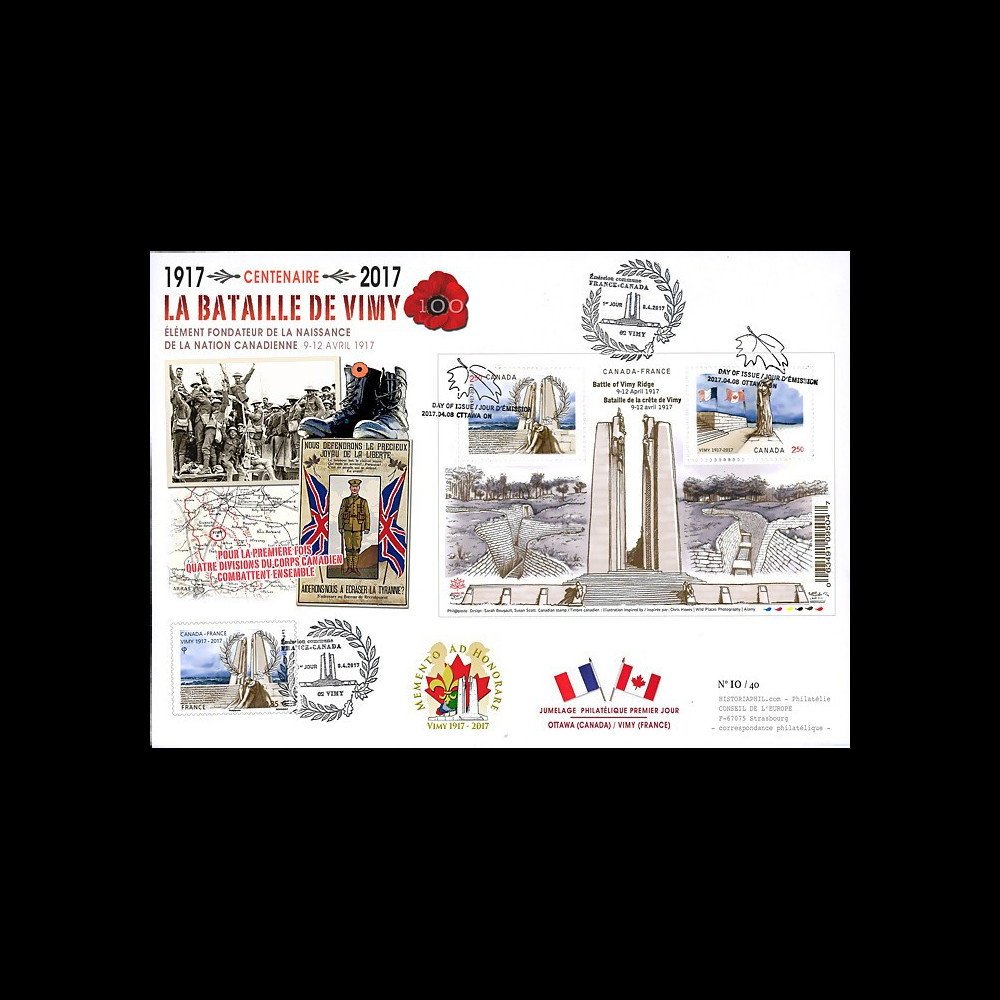 CENT17-2 : MAXI-FDC FRANCE-CANADA "1917-2017 Bataille de la crête de Vimy / Arras"
