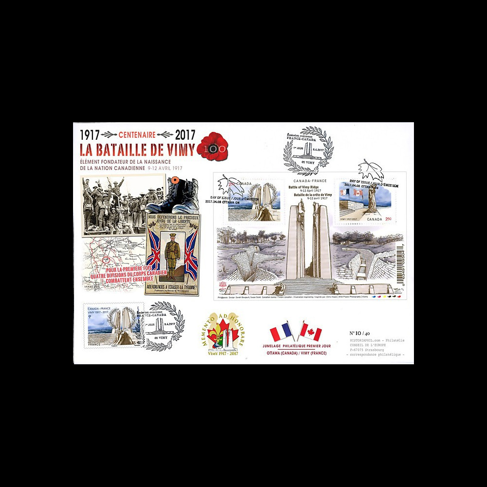 CENT17-2 : MAXI-FDC FRANCE-CANADA "1917-2017 Bataille de la crête de Vimy / Arras" CENT17-2 : MAXI-FDC FRANCE-CANADA "1917-2017 Bataille de la crête de Vimy / Arras"